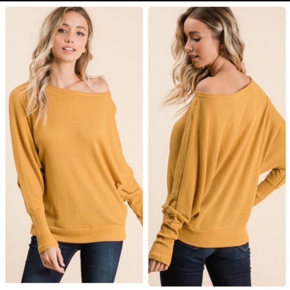 Thermal Knit Off The Shoulder Doleman Sleeved Top